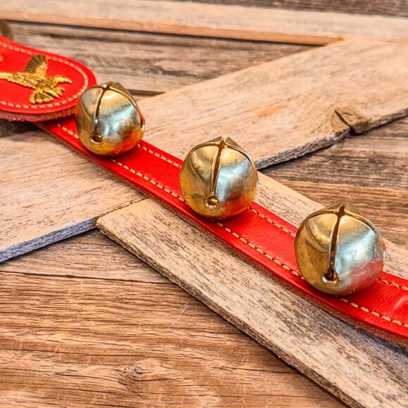 Belsnickel Eagle Charm Red Leather 3 Brass Bell Strap Door Hanger, 14.5”H - Picture 4 of 8